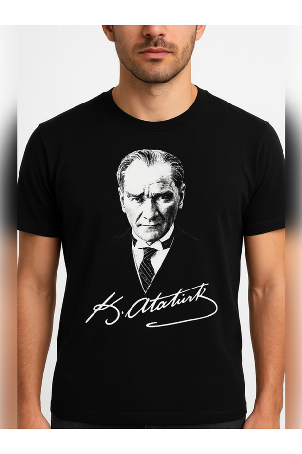 Unisex Oversize Ataturk Signed Printed Cotton Crew Neck Short Sleeve Black T-Shirt