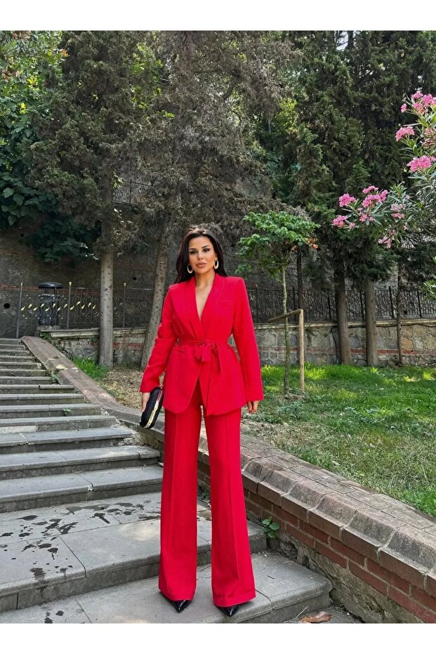 Women's Double-Belted Blazer Jacket and Trousers Set