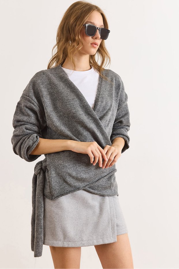 Women's Smoked Double-Breasted Collar Tie-Up Knit Cardigan Hrk-19000427