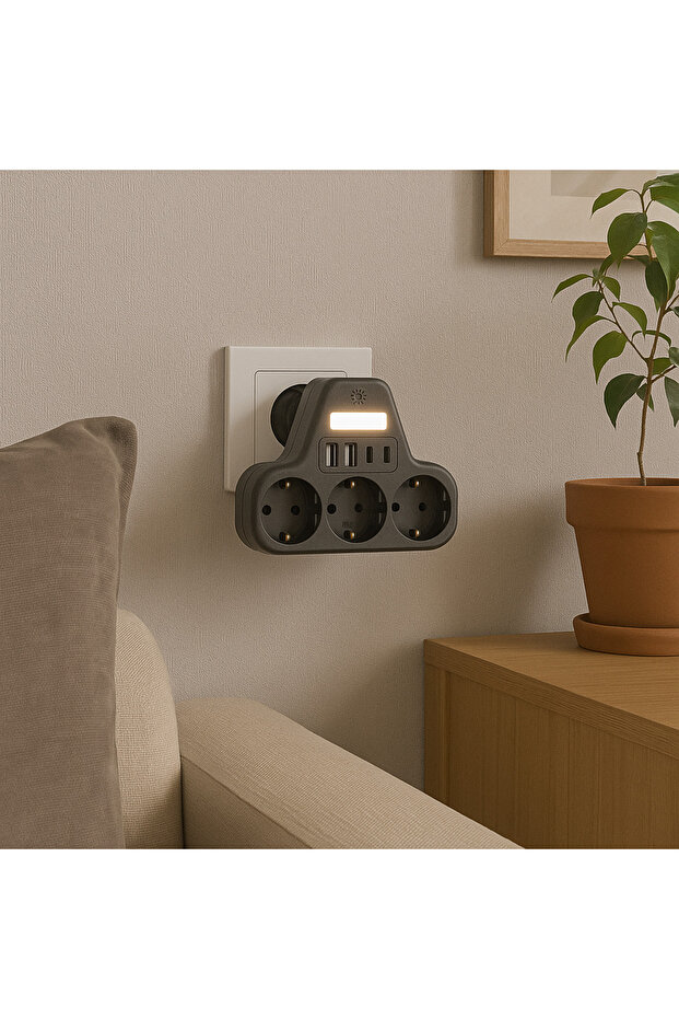 3’lü Duvar Tipi Akım Korumalı Priz | 2 USB-A + 2 Type-C Girişli | LED Gece Lambalı Akıllı Çoklu Priz - 8