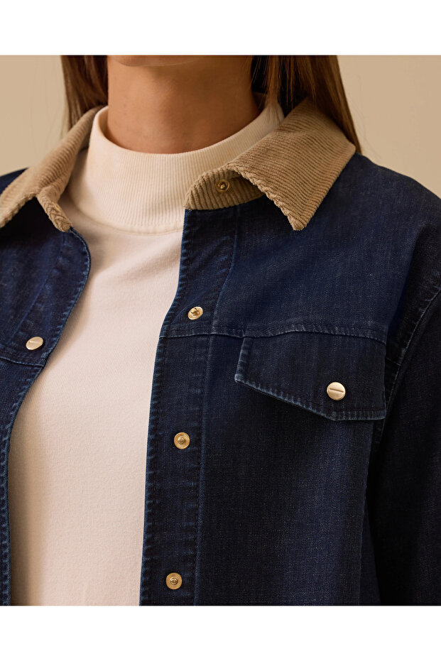 Double Fabric Snap Button Jean Jacket - 4