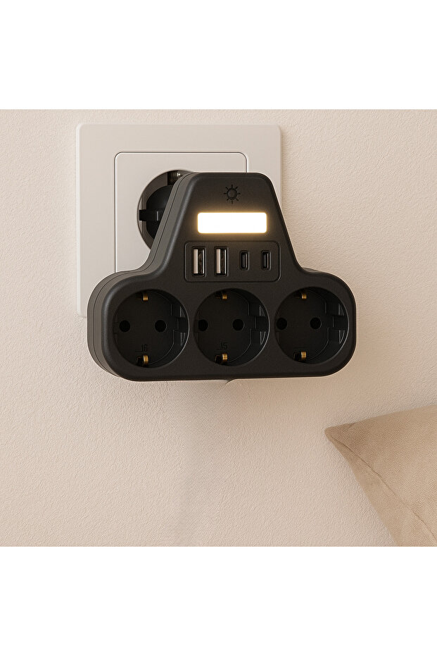 3’lü Duvar Tipi Akım Korumalı Priz | 2 USB-A + 2 Type-C Girişli | LED Gece Lambalı Akıllı Çoklu Priz - 2