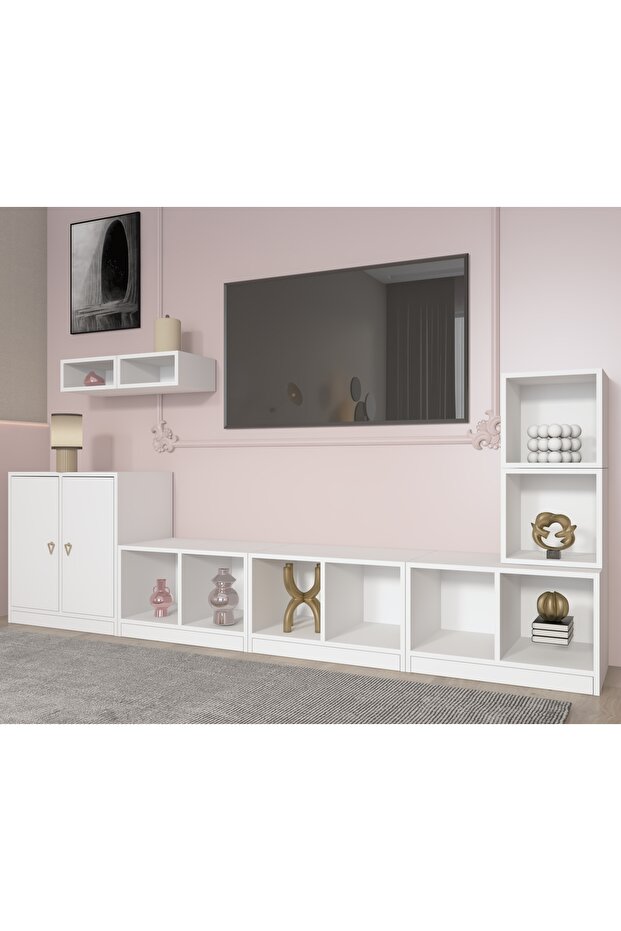 Modüler TV Ünitesi & Depolama Seti – 262 cm, 4 Taban Modül Duvar Rafı Yan Kule Beyaz-NRG-TVT-1010 - 3