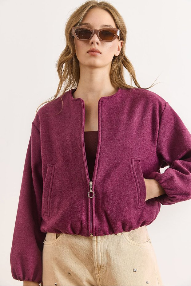 Women's Purple Pocket Lined Crew Neck Crop Cashmere Jacket Ckt-19000485