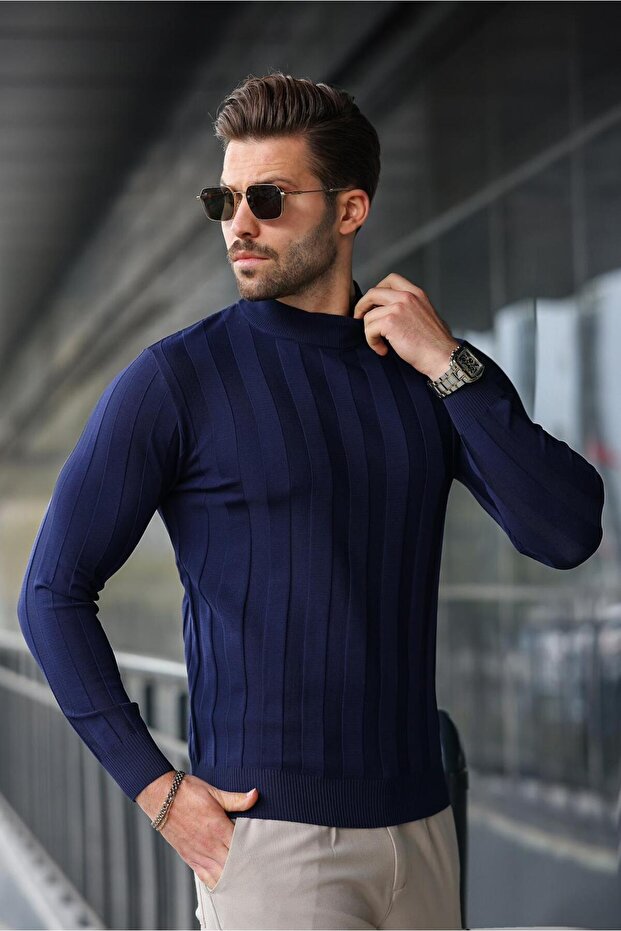 Navy Blue Half Fisherman Men's Knitwear Sweater E7423
