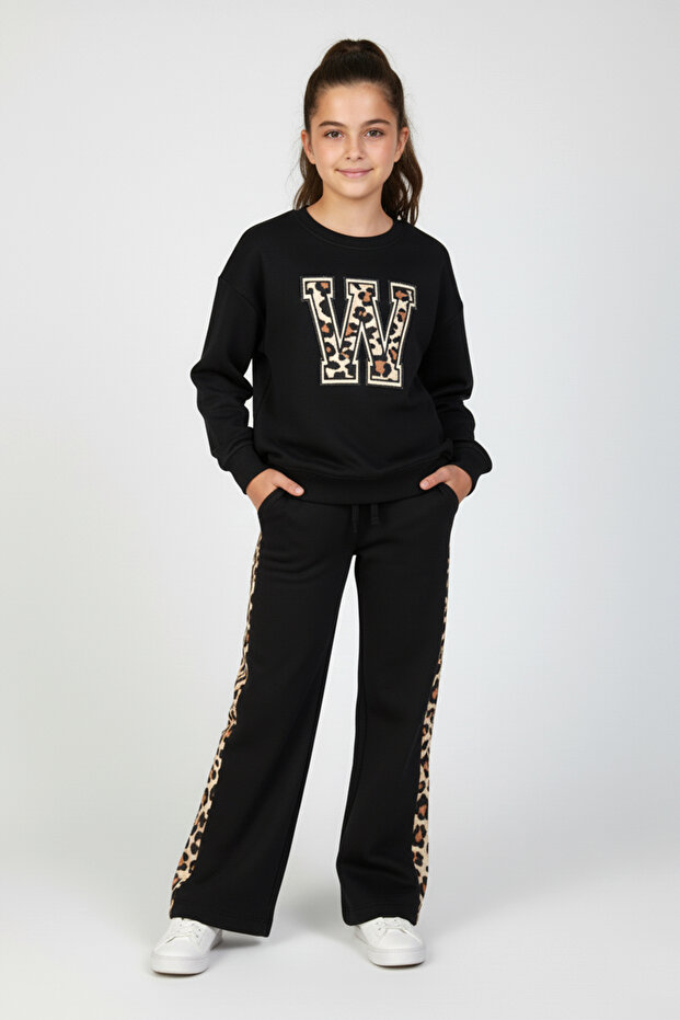 Girl's W Leopard Detailed Top and Bottom Set