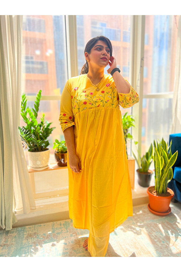 Sunshine Yellow Floral Embroidered Anarkali Kurta Set