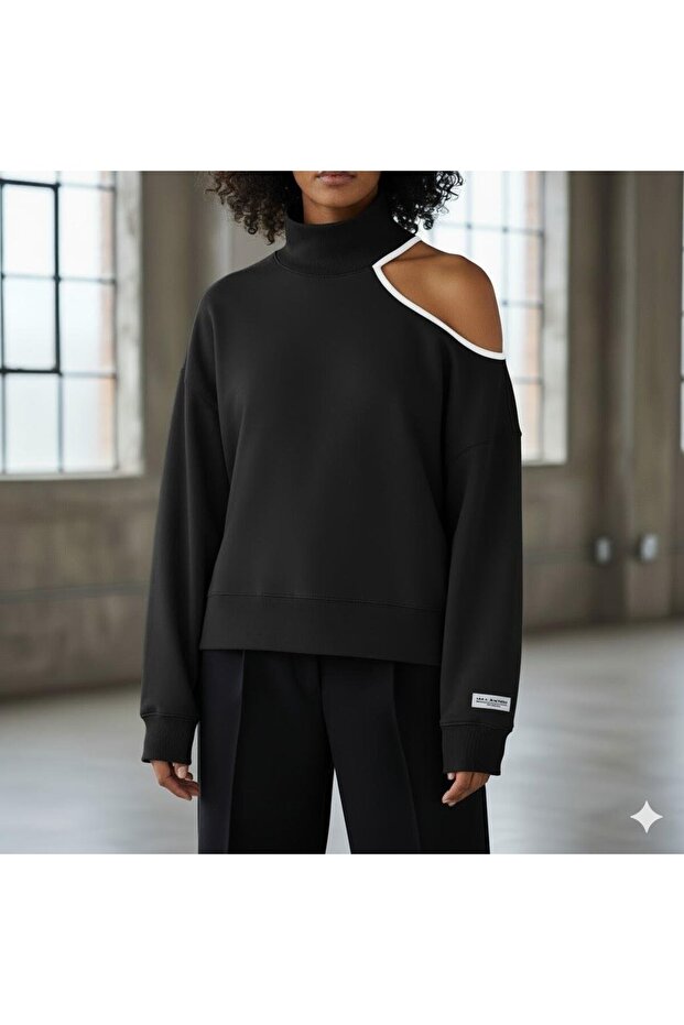 Modern Open Shoulder (Single Shoulder) Turtleneck Women's Sweatshirt - Black Color