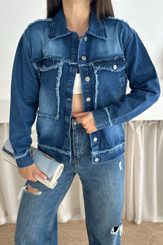 Women's Blue Fringed Stitching Detailed Oversize Denim Jeans Jacket