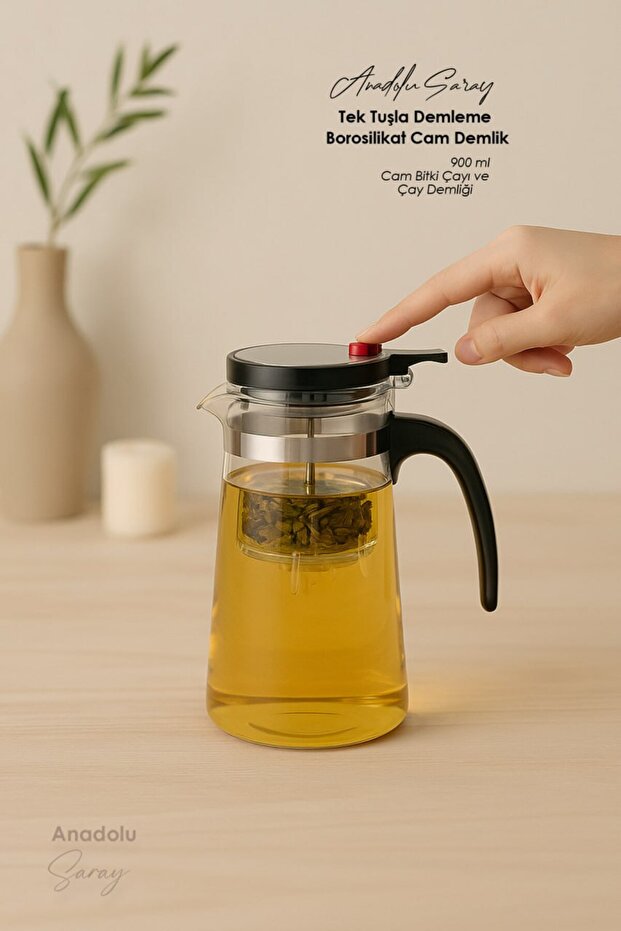 Isıya Dayanıklı Tek Tuşla Demleme Borosilikat Cam Demlik Cam Bitki Çayı ve Çay Demliği 900 ml - 1