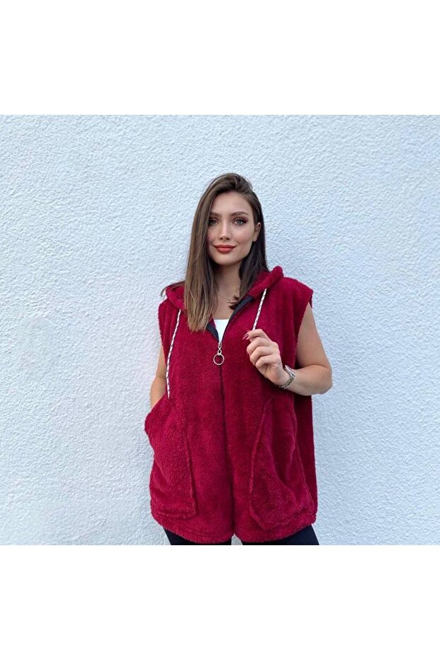 Women's Hooded Zippered Plush Vest Zyn-58816