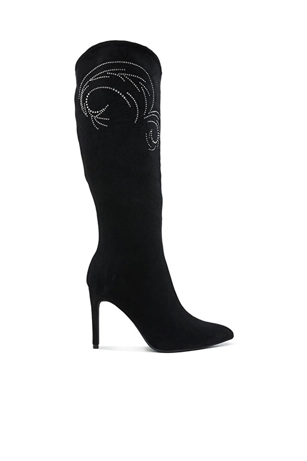 Women Rhinestone Patterned Calf Boots in Black