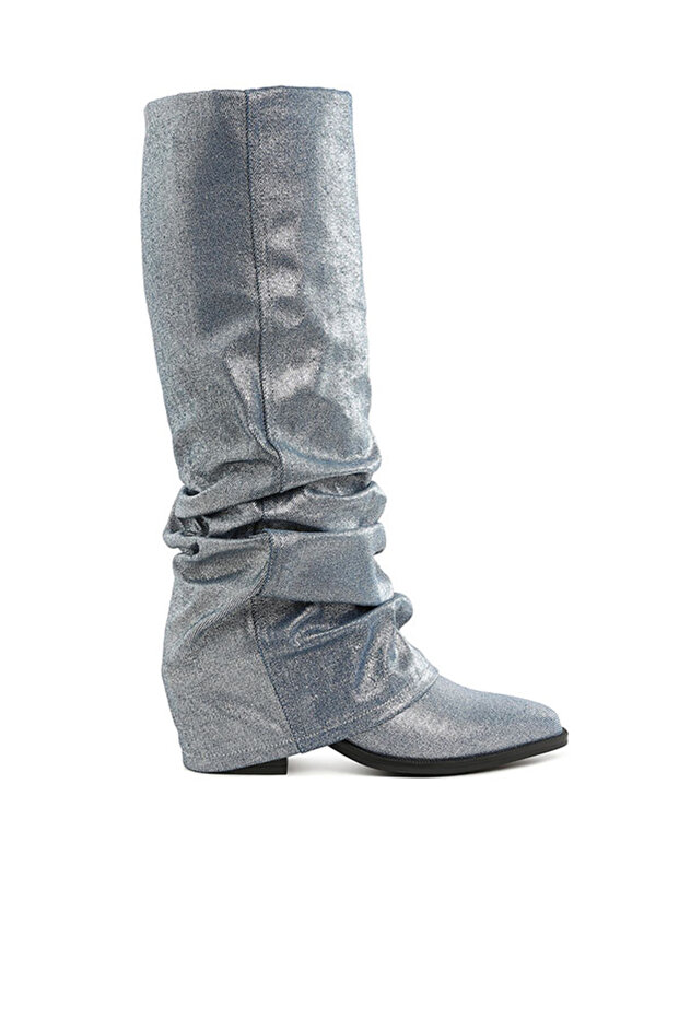 Women Fold-Over Slouchy Denim Boot in Blue