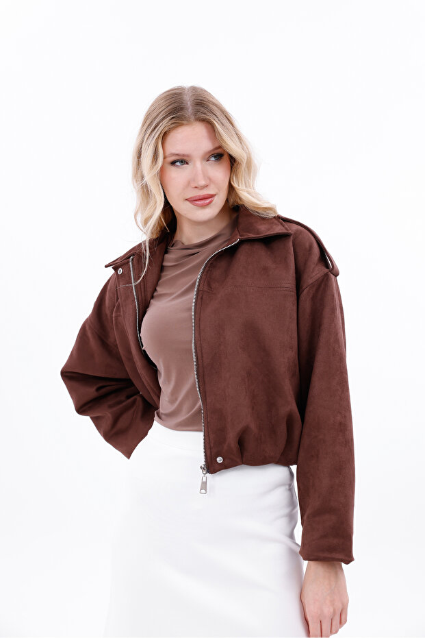 سترة بومبر من جلد الغزال مع جيوب - 6