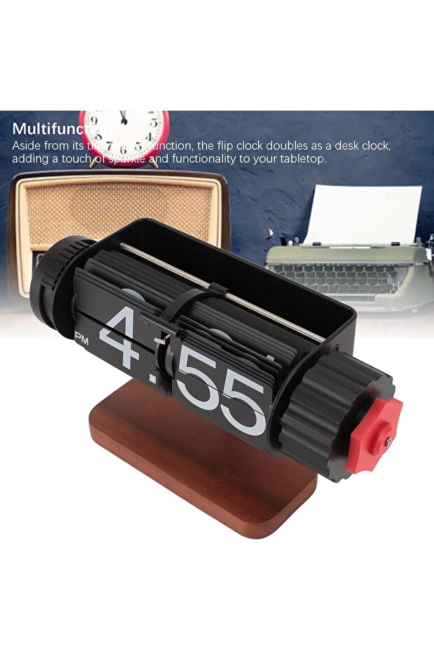 Retro Flip Clock, Flip Table Clock Retro Wooden Mechanical Automatic Flip Clock with Alarm Clo - 3
