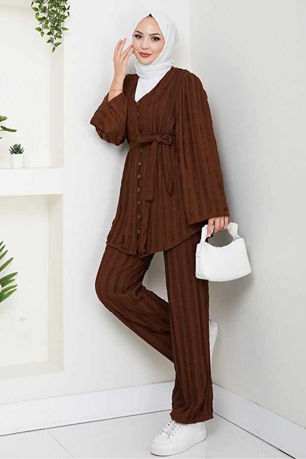 İlgen Ruffled Double Set 1610 - Brown
