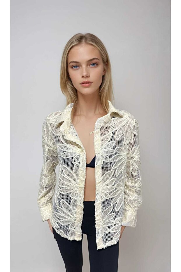 Transparan 3D Dantel Ceket - 1