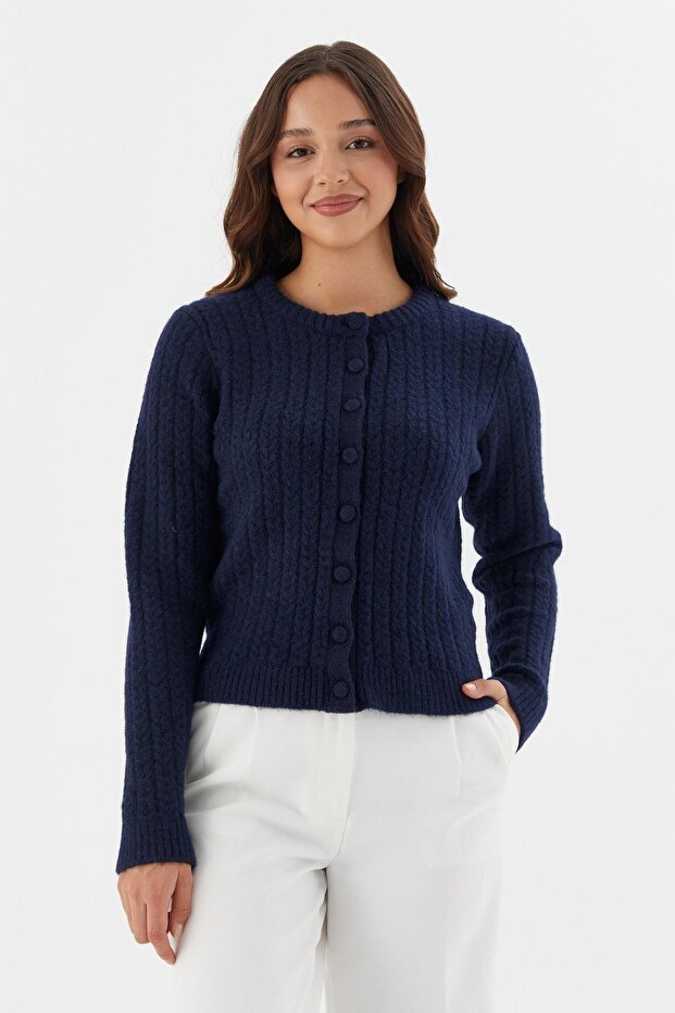 Crew Neck Ribbed Knit Cardigan Laci