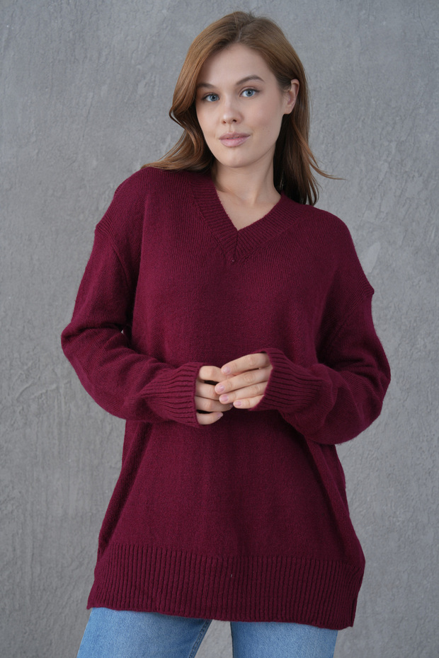 Burgundy Knitwear Fabric V-Neck Long Oversize Sweater 4093