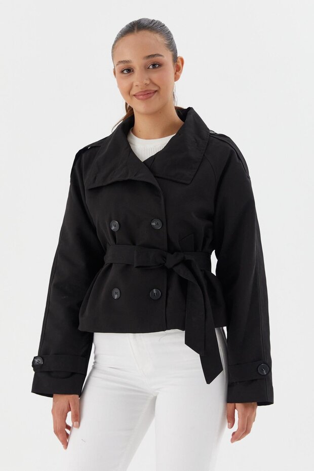 Beli Belted Crop Trench Coat Black