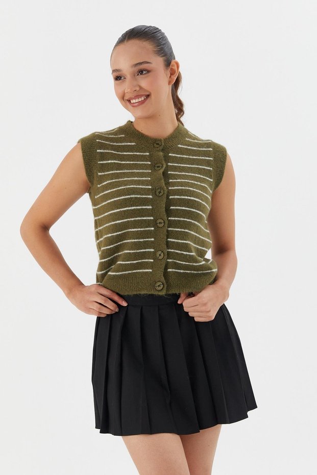 Striped Knitwear Vest Blouse Khaki
