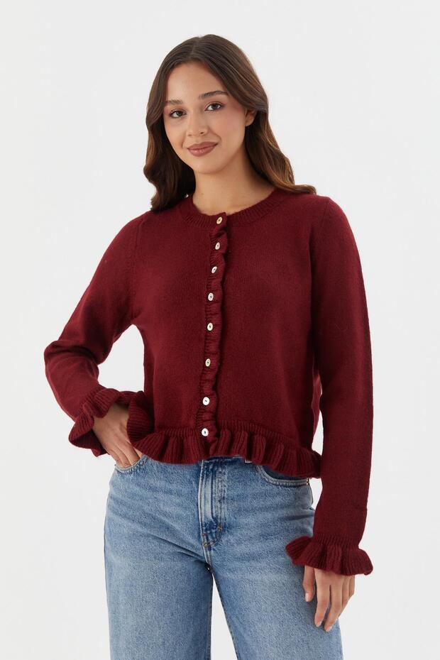 Ruffle Detailed Cardigan Bordo