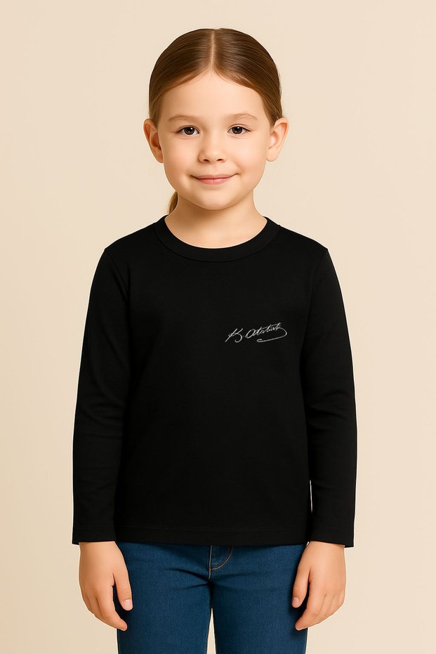 April 23 Children's Day Ataturk Printed Black Crew Neck Combed Fabric Children's T-Shirt Blouse