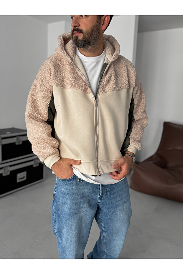Bej Kol Kapitone Kapüşonlu Peluş Sweatshirt YP-5004 - 3