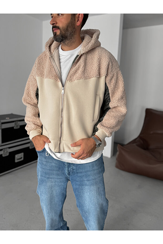 Bej Kol Kapitone Kapüşonlu Peluş Sweatshirt YP-5004 - 2