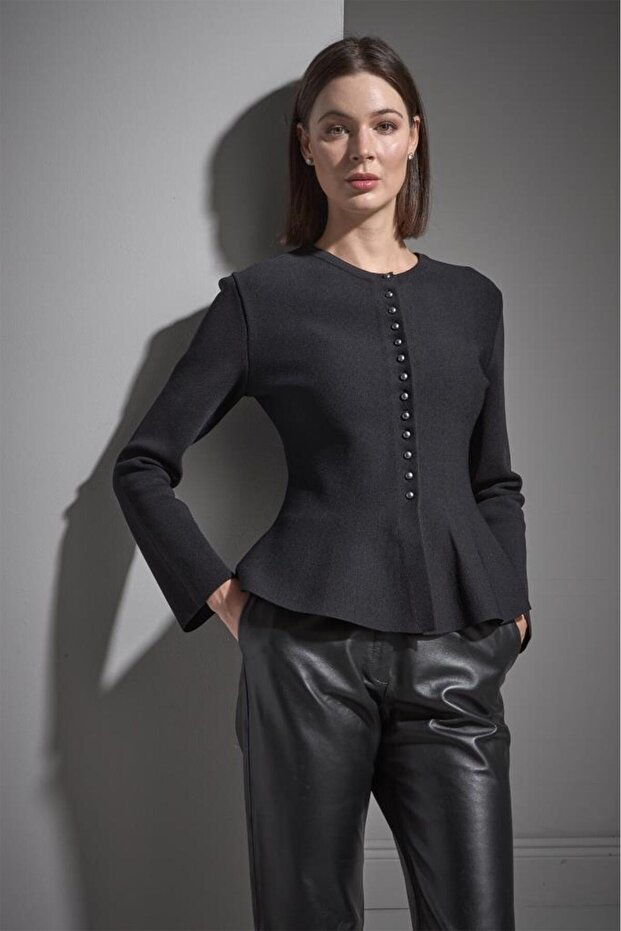 Düğmeli Peplum Triko Ceket - 3