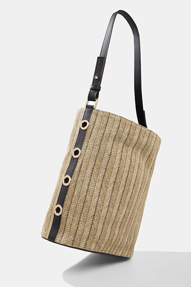 DERİ DETAYLI HASIR KOL ÇANTASI - 6