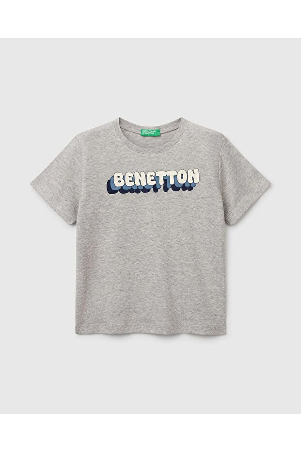 Boy's Gray Melange Benetton Logo Printed T-Shirt