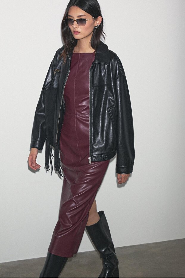 Suni deri midi elbise - 4