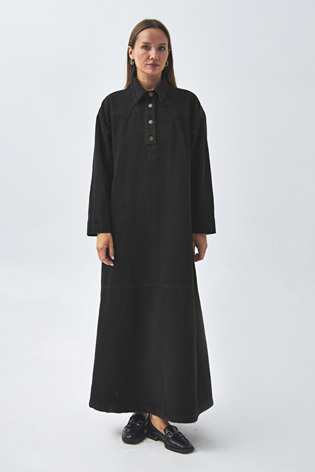 Oversize Denim Elbise Siyah - 2