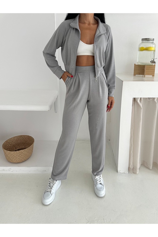 Women's Tracksuit - Casual Suit - Wide Cuffed Zippered Bottom Top Set-2576