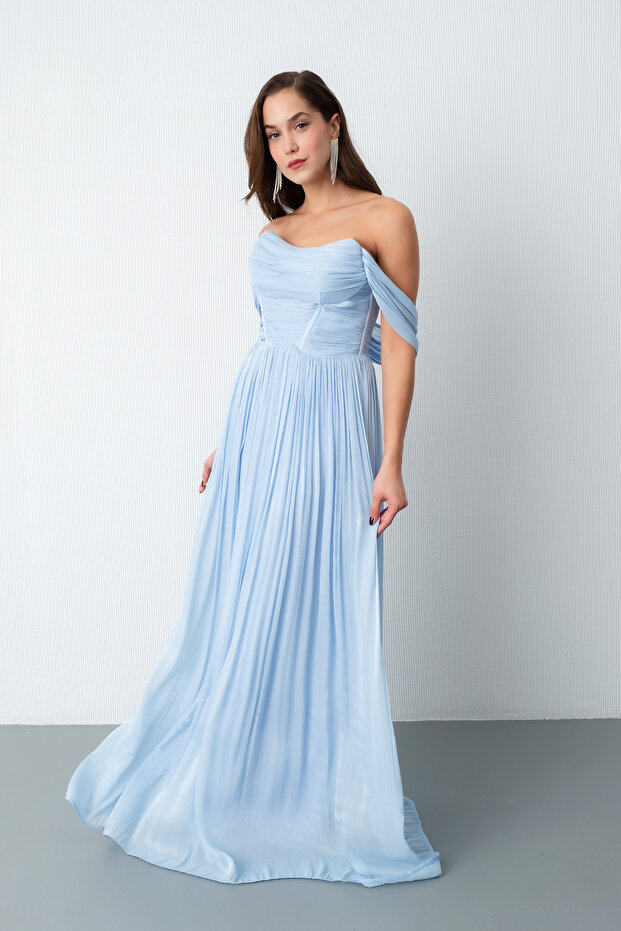 Women's Baby Blue Slim Fit Boat Neck Long Evening Dress