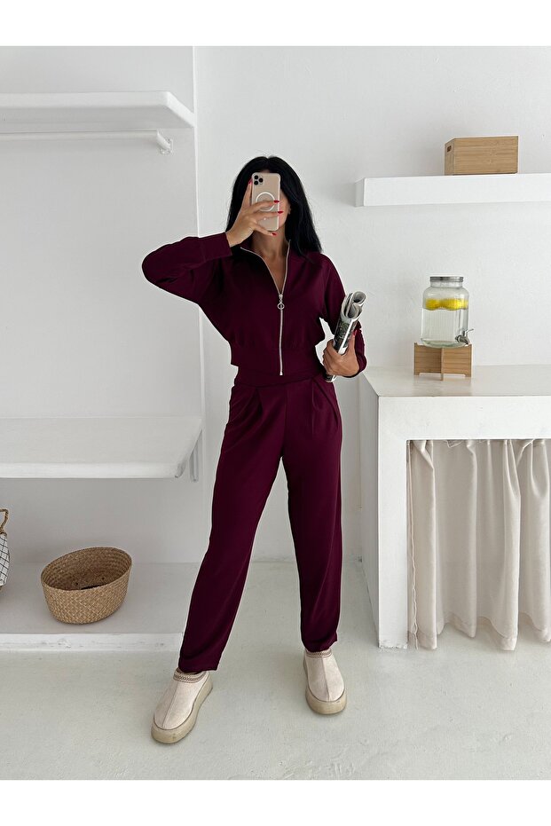 Women's Tracksuit - Casual Suit - Wide Cuffed Zippered Bottom Top Set-2576