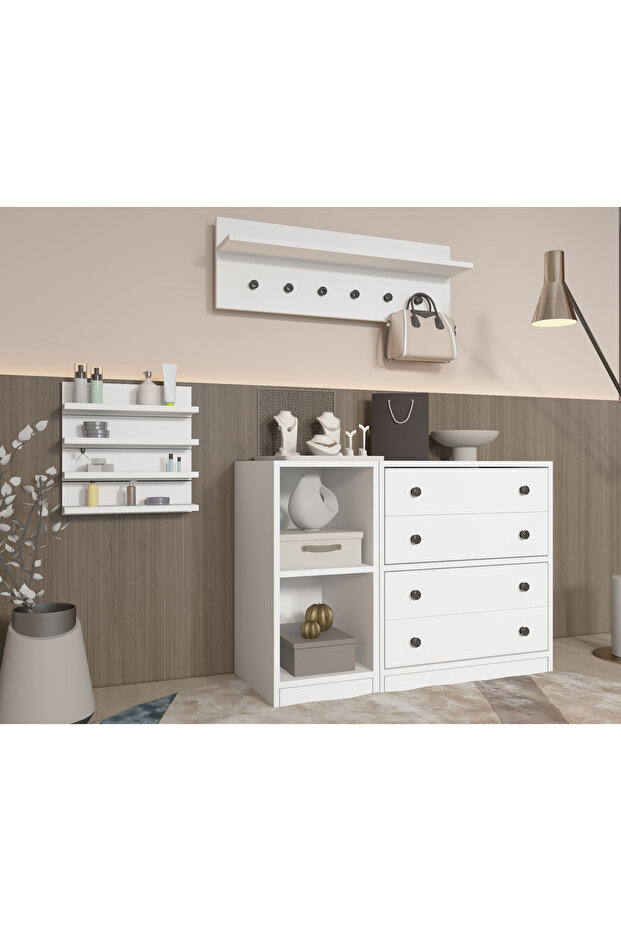 Takı & Aksesuar Dolabı Seti 4 Çekmeceli Modül 90 cm Askılıklı Çok Katlı Duvar Rafı-PNR-TADLP-1002 - 3
