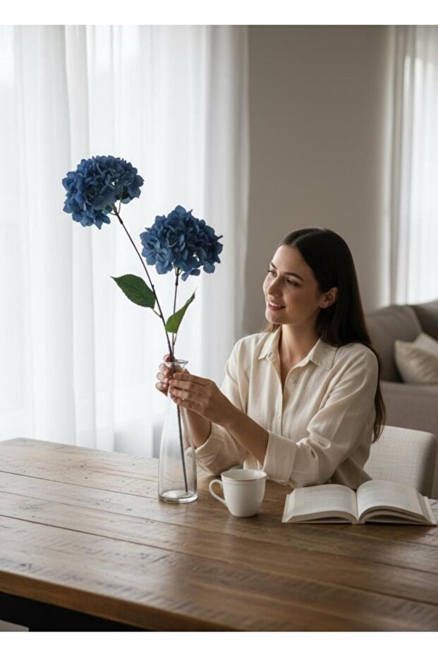 Yapay Çiçek Ortanca 90cm 2Toplu Mavi Koyu Tek Dal Kumaş Çiçek Uzun Dal - 4