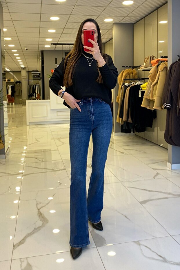 A140090 Indigo Button and Pocket Detailed Spanish Flare Jeans High Waist