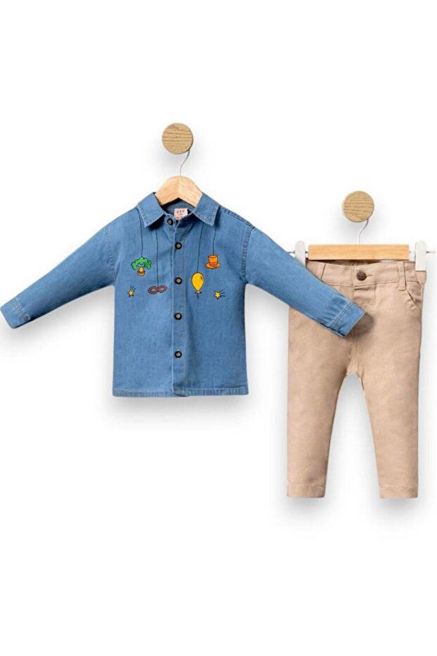 Blue Printed Shirt and Beige Pants 2-Piece Baby Boy Bottom - Top Set