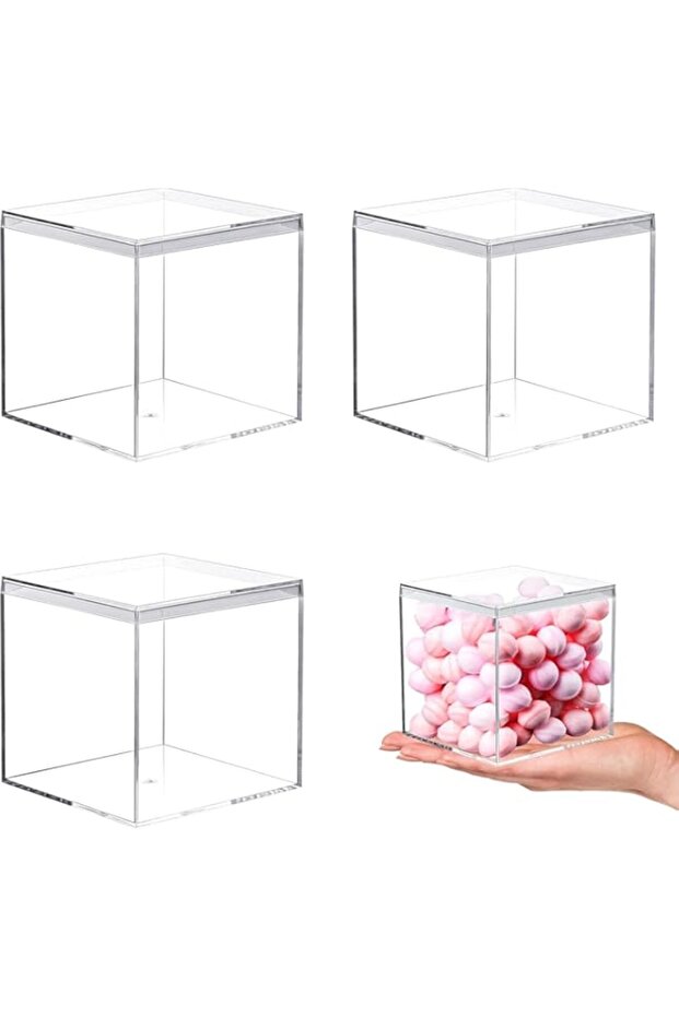 4 Pack Clear Square Acrylic Box,3.3x3.3x3.3Inch Display Box with Lid,Acrylic Display Case for Small Items,Mini Lego Display Case