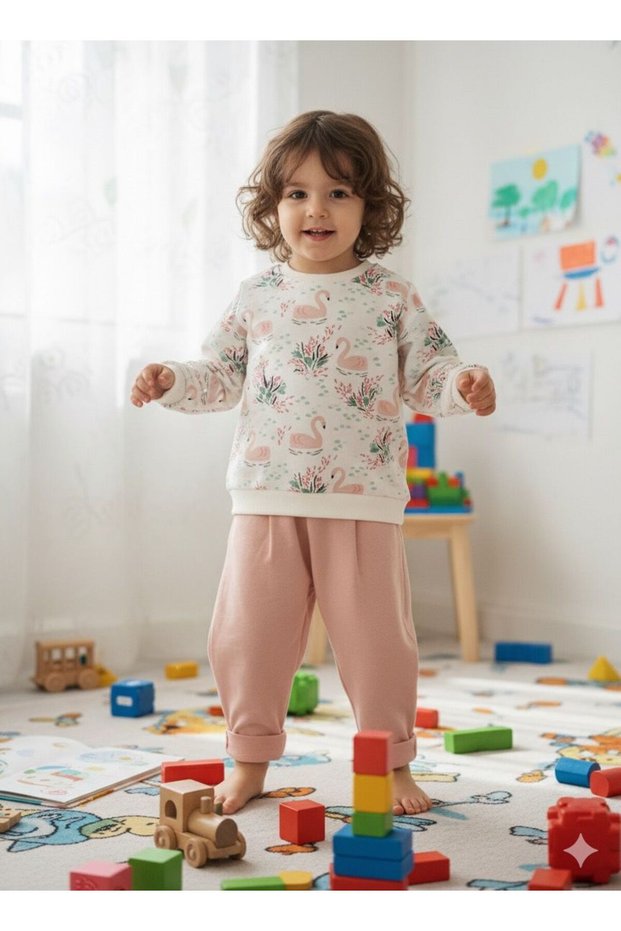 Baby Girl Set Swan Patterned Ecru Salmon