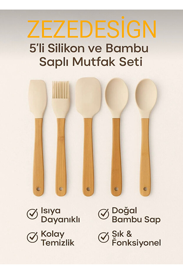 5'Li Silikon Bambu Saplı Spatula Seti (Krem) - 2