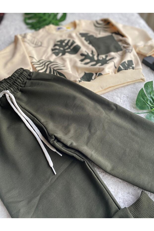 Boy's Beige-Green Leaf Patterned Double Suit - 3