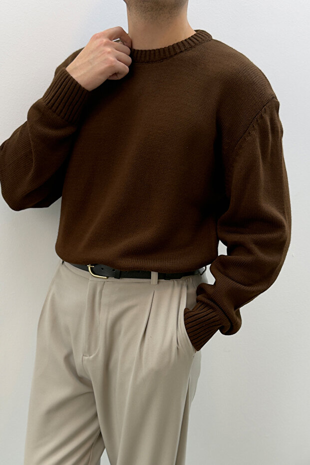 Sable Oversize Triko Uzun Kollu Kazak Kahve - 6