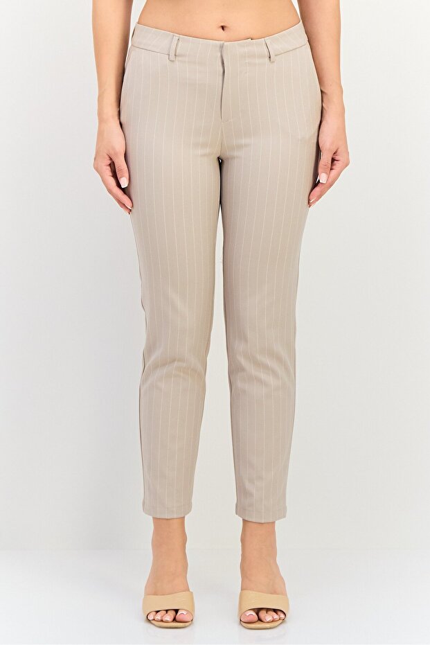 Women Cigarette Fit Stripe Straight Leg Pants, Beige