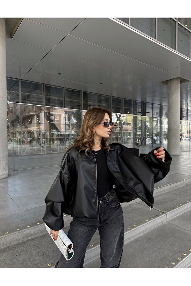 Oversize Bomber Deri Ceket - 2