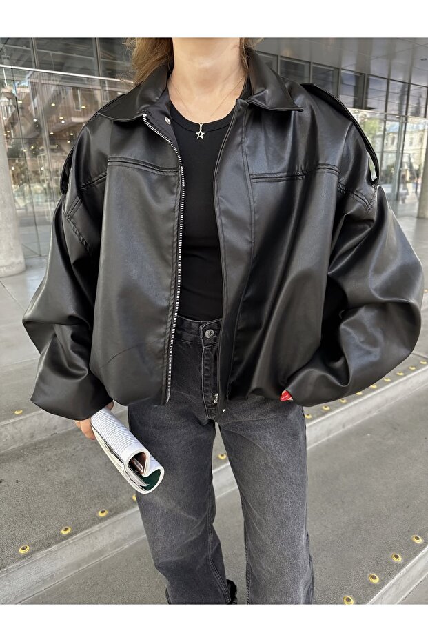 Oversize Bomber Deri Ceket - 1