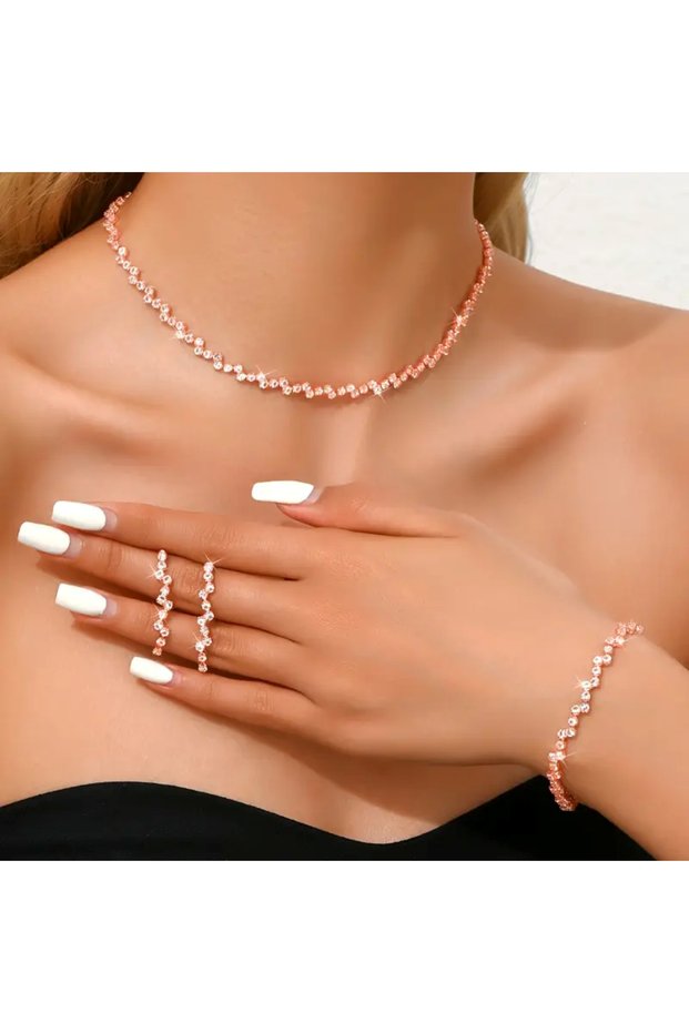 Rose Gold Zik Zak Ajda Model Waterway Elegant Necklace Earrings Bracelet Set Gift Jewelry Set